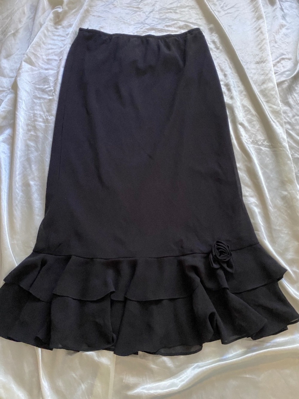 Vintage 1990s Black Ruffle Rosette Maxi Skirt Fairy Boho Medium *read*